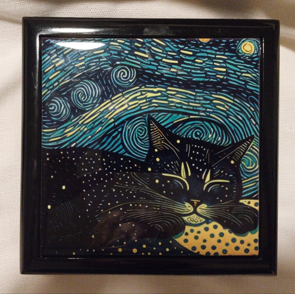 Wood Black Cat Sleeping Under the Stars Starry Night Keepsake/Jewelry Box
